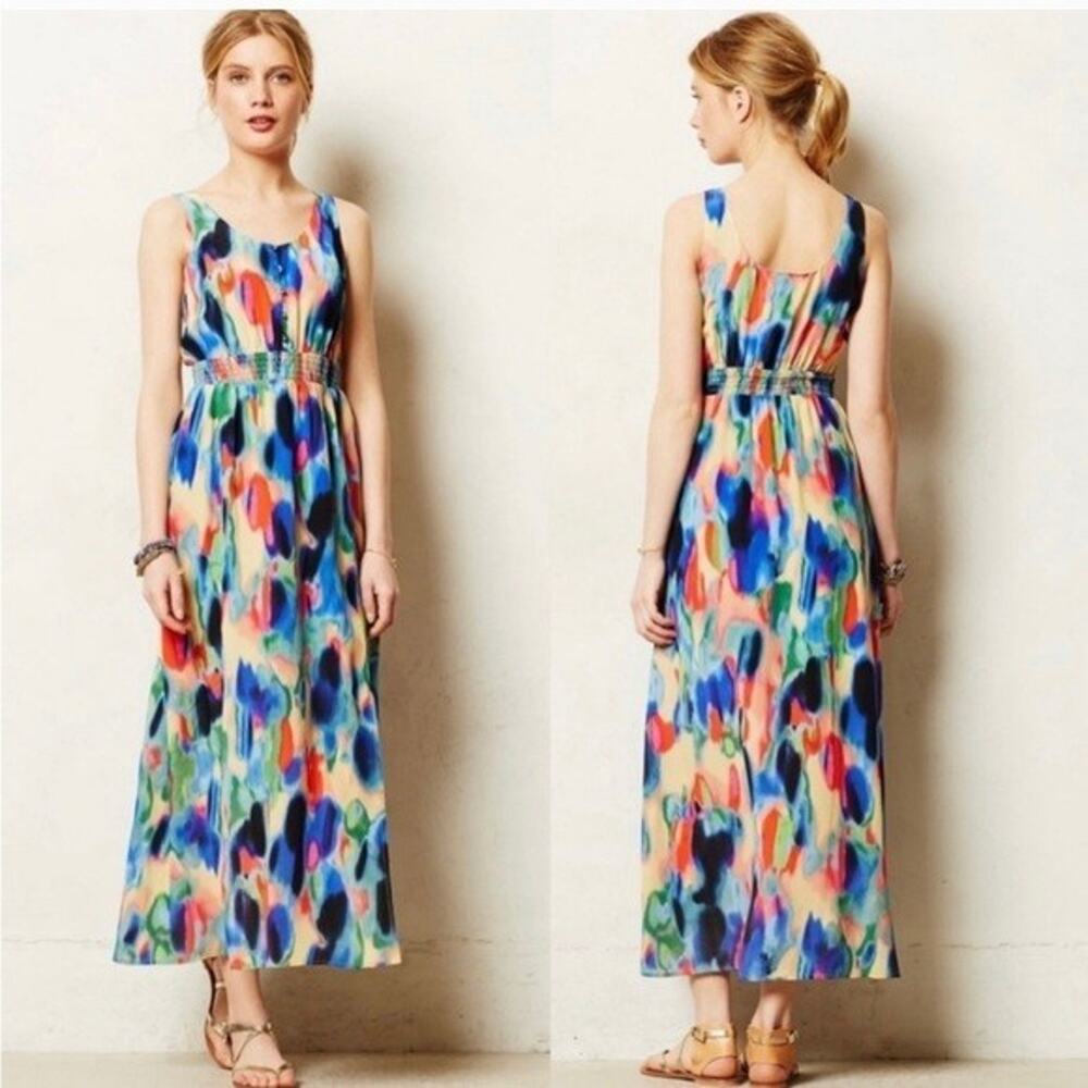 Maeve Watercolor Blue Pink Cotton Maxi Dress US 4